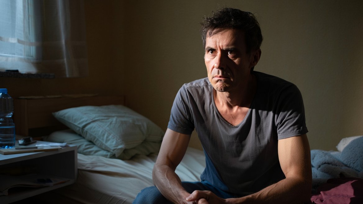 Мужчина сидит на кровати в комнате